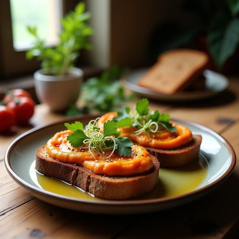 Tostadas de Pan de Centeno con Hummus de Lentejas Rojas y Germinados: Desayuno Proteico