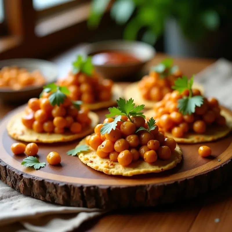 Tostadas de Chapati con Masala de Garbanzo y Chutney de Tamarindo: Aperitivo Indio Vegano y Crujiente