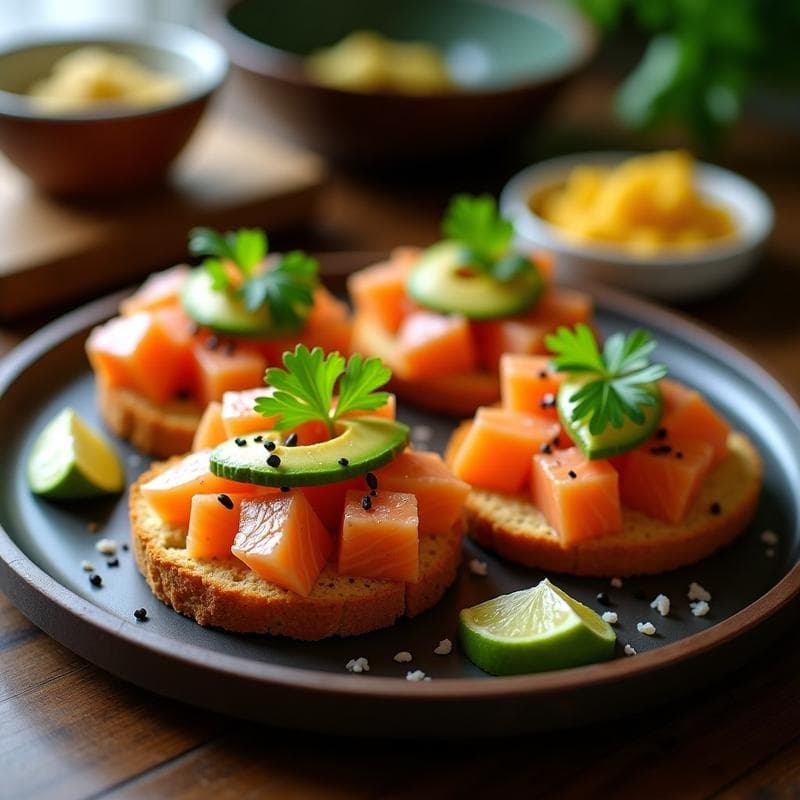 Tostadas de Pan de Yuca con Ceviche de Salmón Ahumado y Palta: Entrante Peruano en 10 Minutos