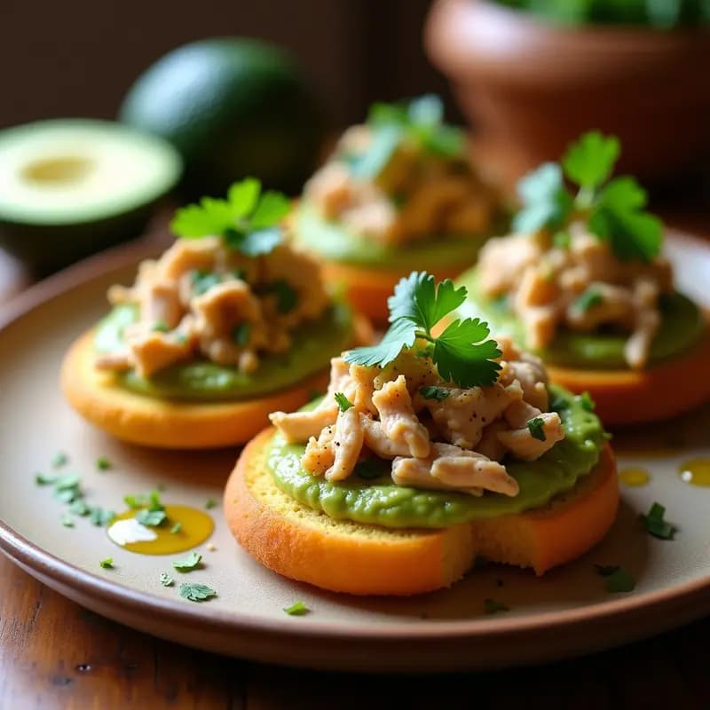 Tostadas de Pan de Maíz con Guasacaca y Pollo Desmenuzado: Aperitivo Venezolano Rápido