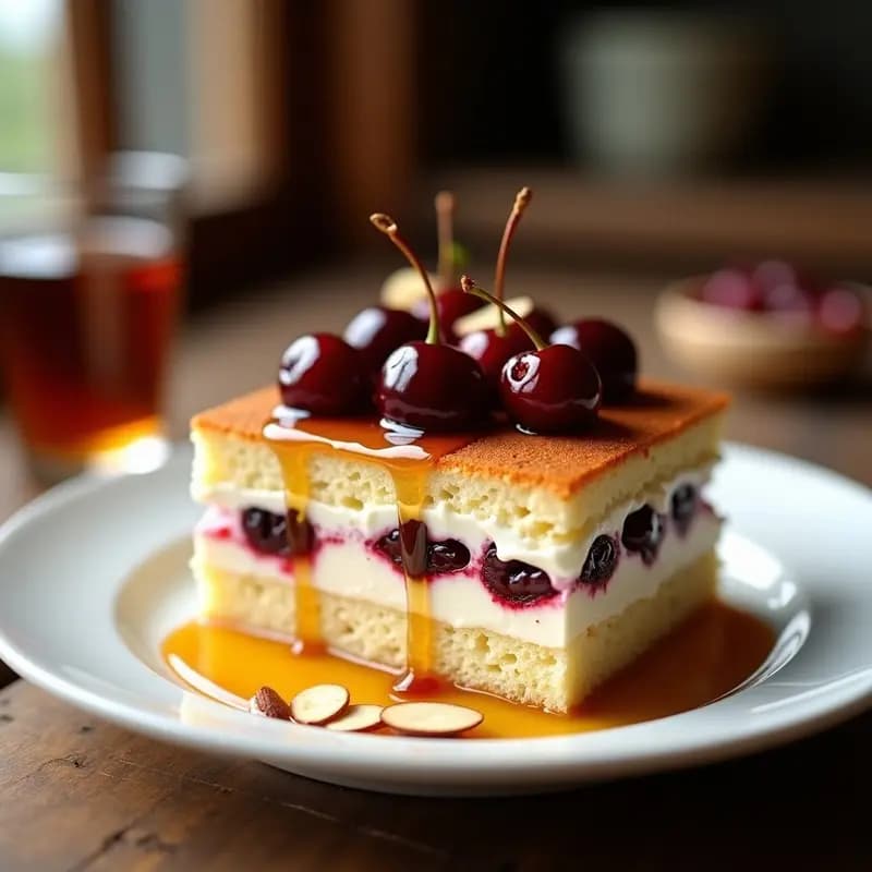 Tres Leches con Cerezas al Ron: Postre Latinoamericano Esponjoso Sin Horno