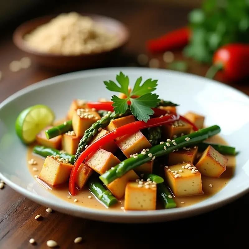 Wok de Espárragos trigueros y Tempeh con Salsa de Cacahuete: Receta Indonesia Alta en Proteína