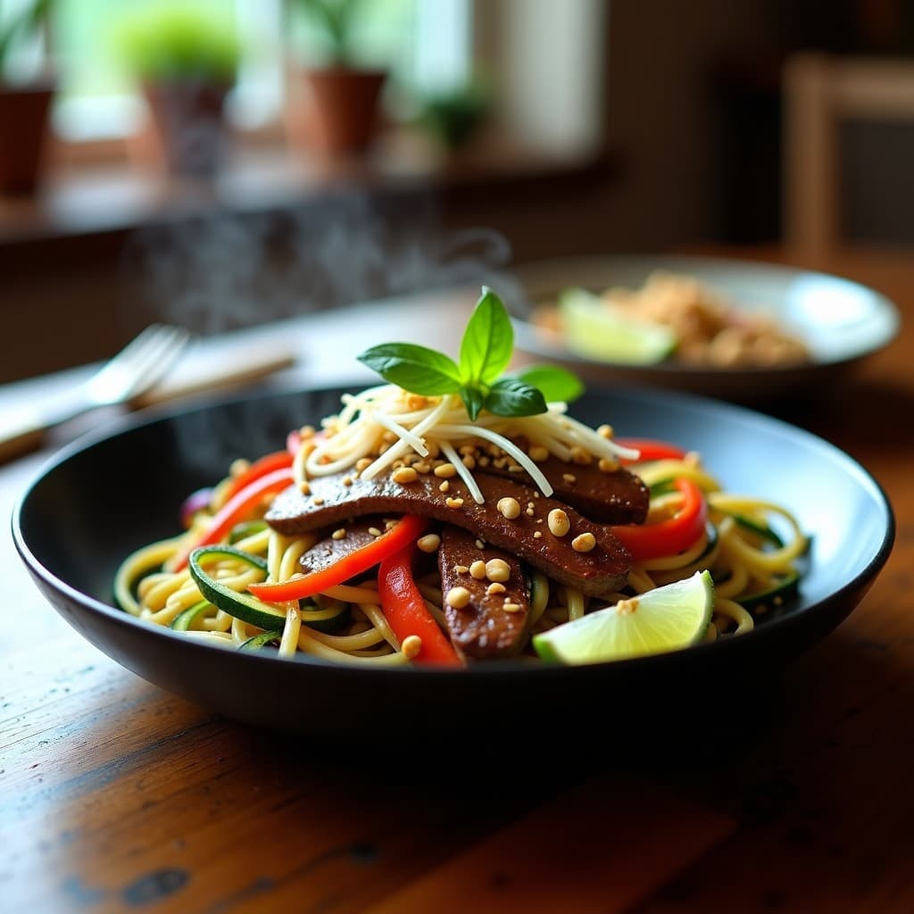 Wok de Fideos de Calabacín y Ternera con Salsa de Ostras Vegana: Receta Tailandesa Low Carb