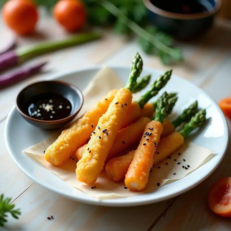 Yasai Tempura de Espárragos Trigueros y Zanahoria Morada: Receta Japonesa Crujiente y Colorida